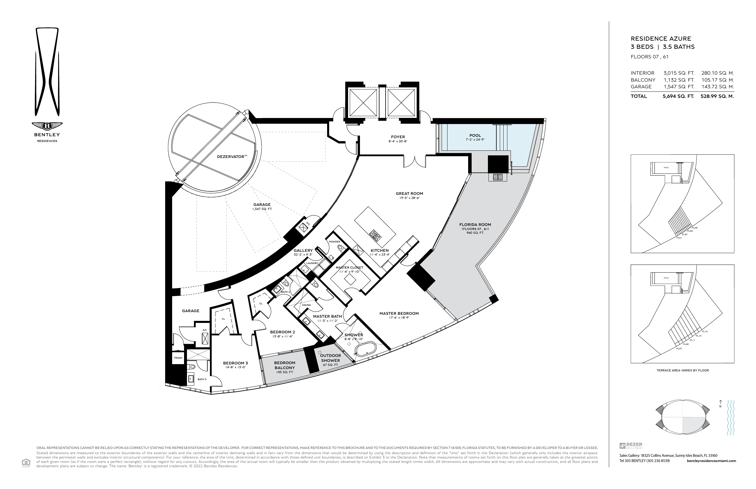 Official Bentley Residences Azure plan, showing the curved three-bedroom residence, foyer, sky garage, terrace and pool.